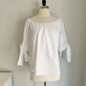 White Off Shoulder Cotton Blend Tie Sleeve Top, Medium